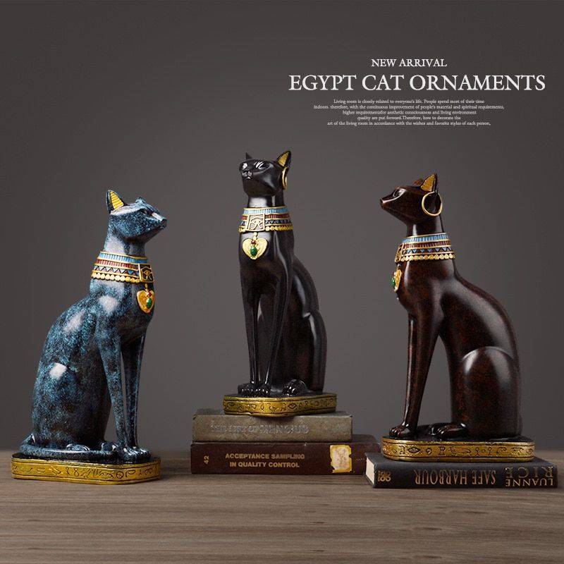 Vintage Black/Blue/Red Egyptian Resin Cat Statue – Art Deco Sculpture