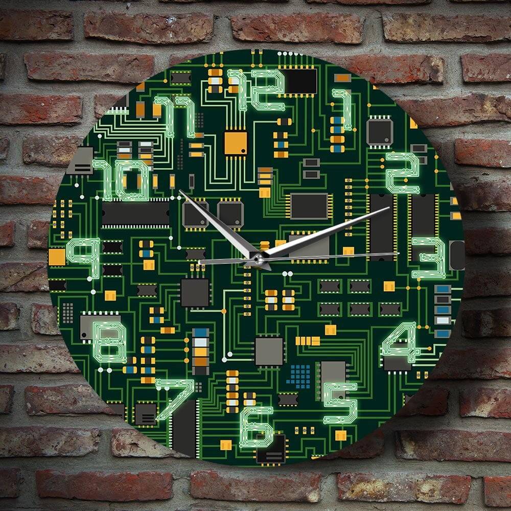 Computer Electronic Chip Circuit Board Geeky Wall Clock Green PC Circuit Board Print Art Wall Watch Engineer Gift Office Decor