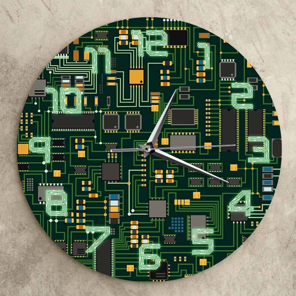 Computer Electronic Chip Circuit Board Geeky Wall Clock Green PC Circuit Board Print Art Wall Watch Engineer Gift Office Decor