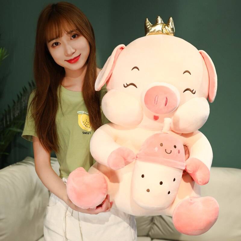 Big Lovely Piggy Holding Bubble Cup Plush Pillow Animal Pig Dolls Huggable Cushion For Lovers Girls Gifts