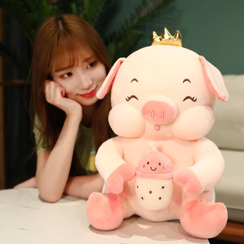 Big Lovely Piggy Holding Bubble Cup Plush Pillow Animal Pig Dolls Huggable Cushion For Lovers Girls Gifts