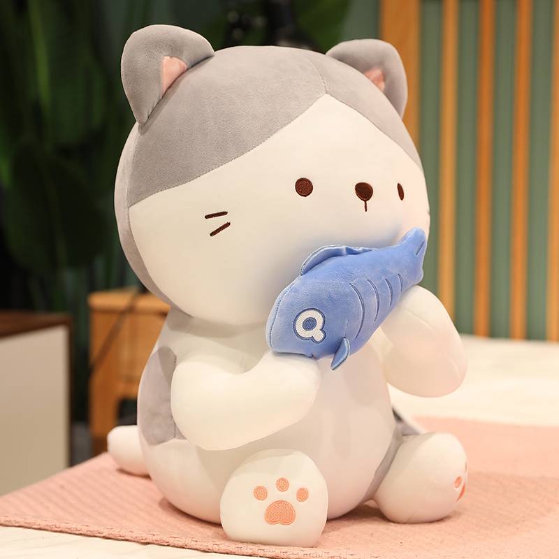Cartoon Cat Plush Toys Cute Cat Holding Fish Pillow Stuffed Soft Animal Toys Room Decor Gift
