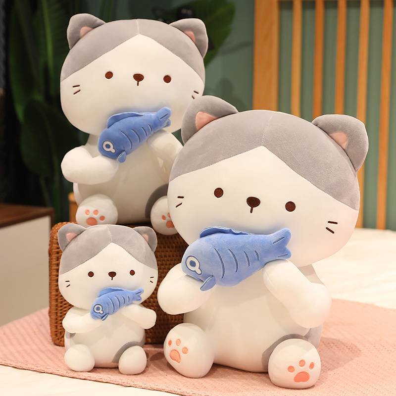 Cartoon Cat Plush Toys Cute Cat Holding Fish Pillow Stuffed Soft Animal Toys Room Decor Gift